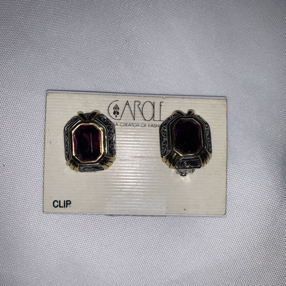 Vintage Carole Two Tones Clip Earrings Designer Jewelry Amethyst Stone - Picture 2 of 16